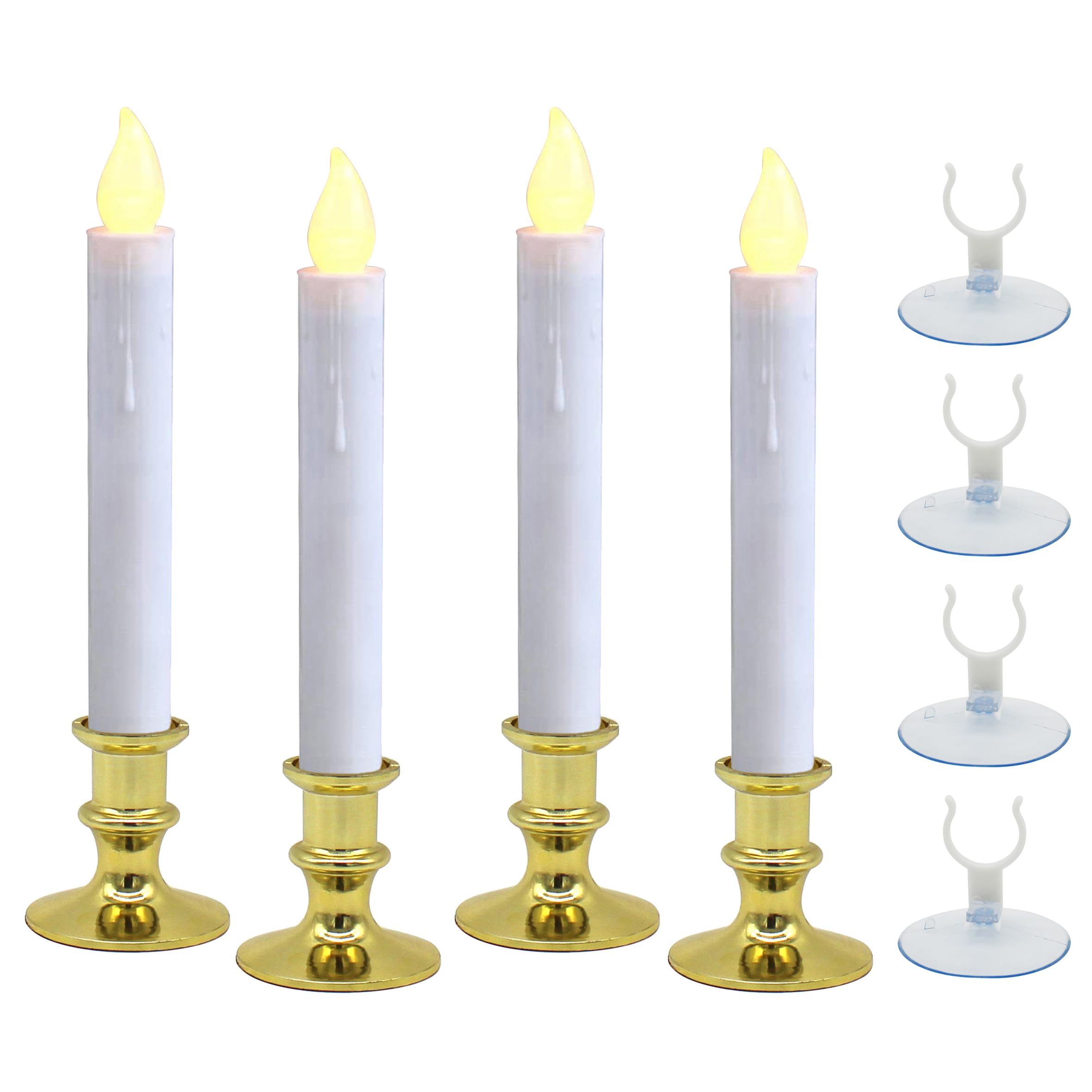 CVHOMEDECO. Window Candles with Suction Cups, Battery Operated LED Taper, Auto On/Off, Removable Gold Base, Flickering Warm Orange Flameless Lights Decor. (4 Pack)