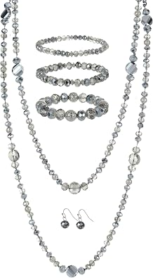 Trendy Infinity Wrap 60 Long Statement Necklace, Earrings and Bracelet Set - Hand Knotted Versatile Crystal and Shell Beads Strand Necklace and Chunky Beaded Stretch Bracelet Stack Jewelry Set Gift for Women