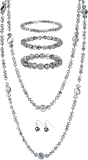 Trendy Infinity Wrap 60’’ Long Statement Necklace, Earrings and Bracelet Set - Hand Knotted Versatile Crystal and Shell Beads Strand Necklace and Chunky Beaded Stretch Bracelet Stack – Jewelry Set Gift for Women