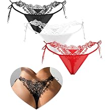ohmydear Embroidered G String Thongs for Women Sexy Micro Thong Underwear Plus Size Panties Low Rise Side Tie Tanga Briefs Ladies French Knickers Uk 10-18
