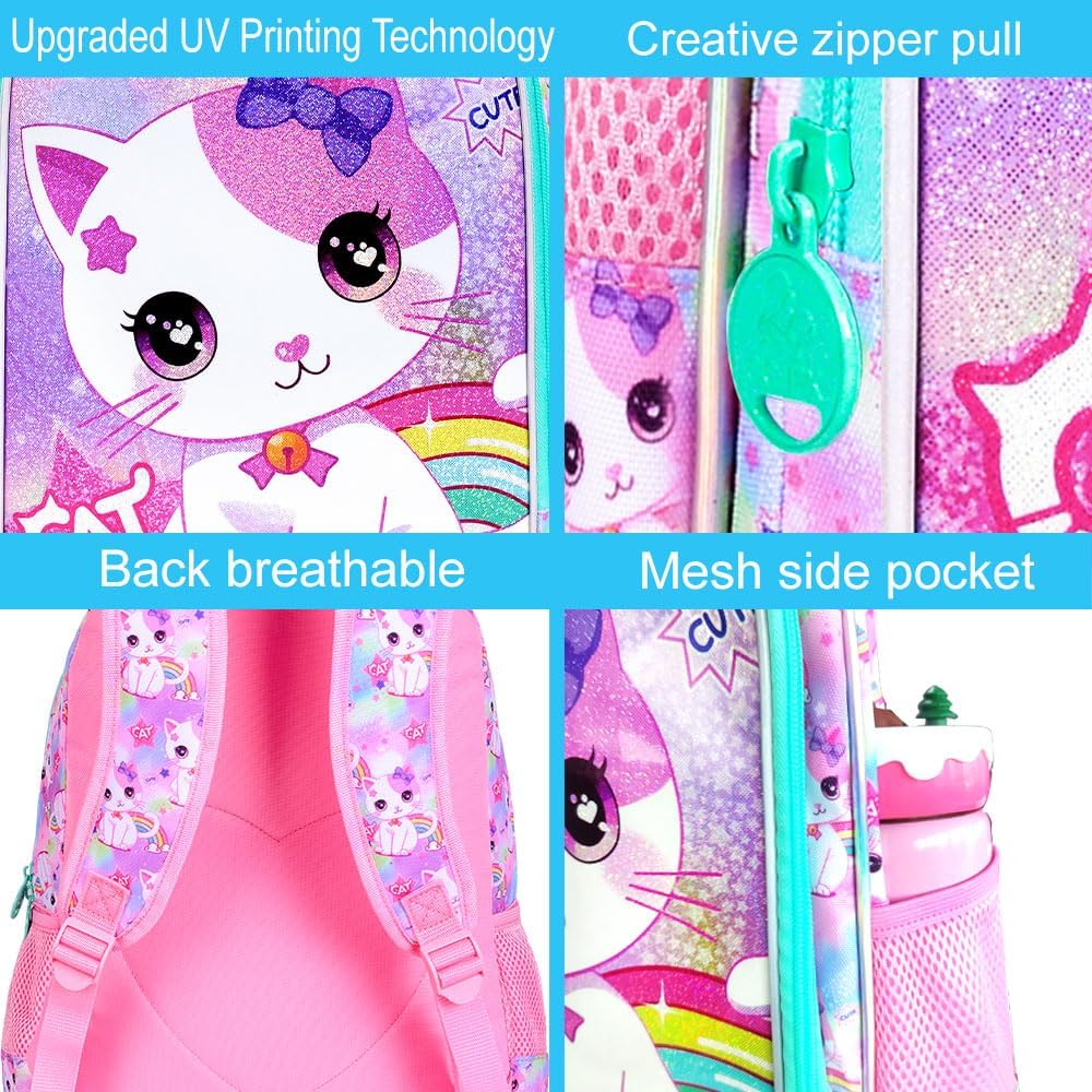 3PCS Girls Cat Backpack, 16" Kids Bookbag with Lunch Box, Water Resistant Elementary School Bag for Preschool Toddler