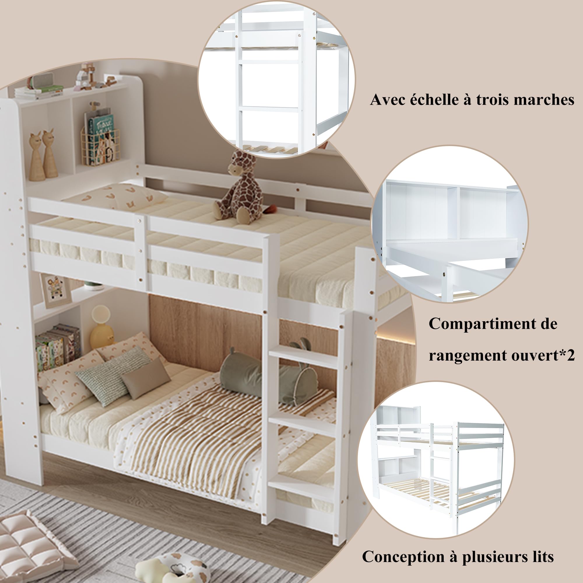 Oyemige Letto a Castello, Letto per Bambini con Contenitore, Letto Matrimoniale con Ripiano e Scala Ad Angolo Retto a Tre Gradini, 90x200 cm Letto In Legno, Rete A Doghe, Bianco, Senza Materasso