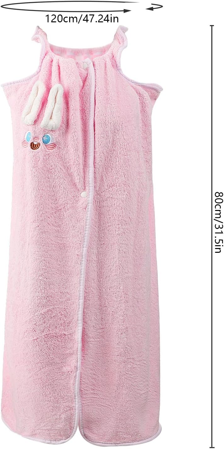 Greenery-GRE Kids Wearable Bath Towel Girls Cute Strappy Bathrobe Absorbent Microfiber Elastic Wrap Towel Robe for Shower Beach Pool (Pink Bunny)