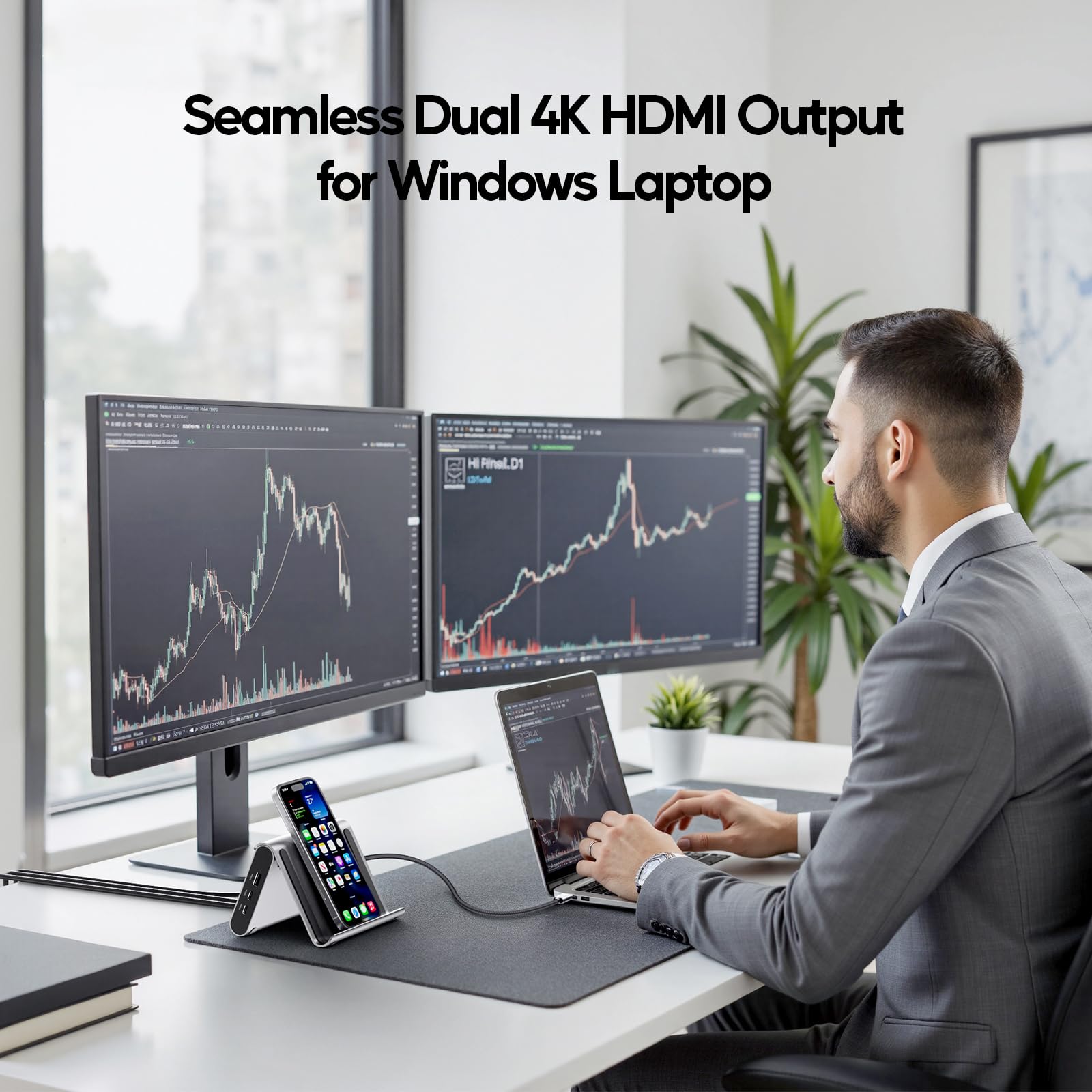 USB C Docking Station Dual Monitor 4K@60Hz, 6X USB-A/USB-C, Plug & Play | PULWTOP USB C Hub mit 2x HDMI, PD, Ethernet, vertikale Dockingstation für Surface Pro 11/10/9/8 & Windows Laptop - Grau