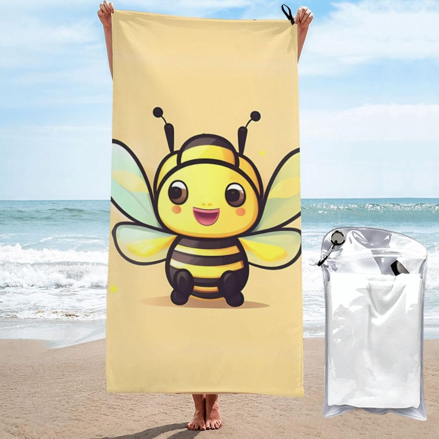 Yellow Bee Printed Microfiber Towel,Camping Towel,Fast Drying Towel,Soft Lightweight for Gym,Hiking,Yoga,Backpacking, White