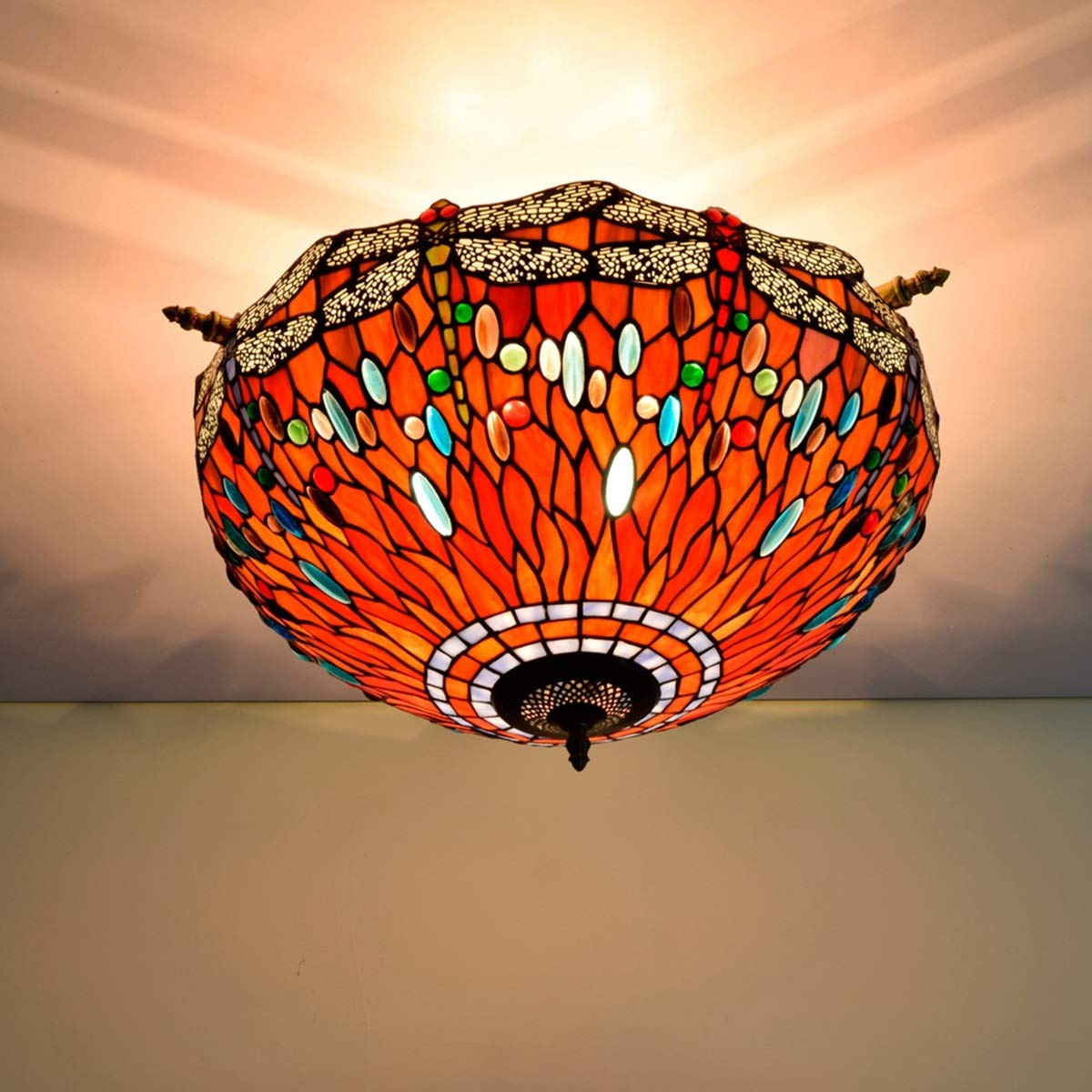 Lampa sufitowa w stylu Tiffany 55 cm dragonfly witraż duży salon lampa sufitowa restauracja bar sypialnia sztuka retro pół sufitowe światło czerwony dolny dragonfly świąteczne światło