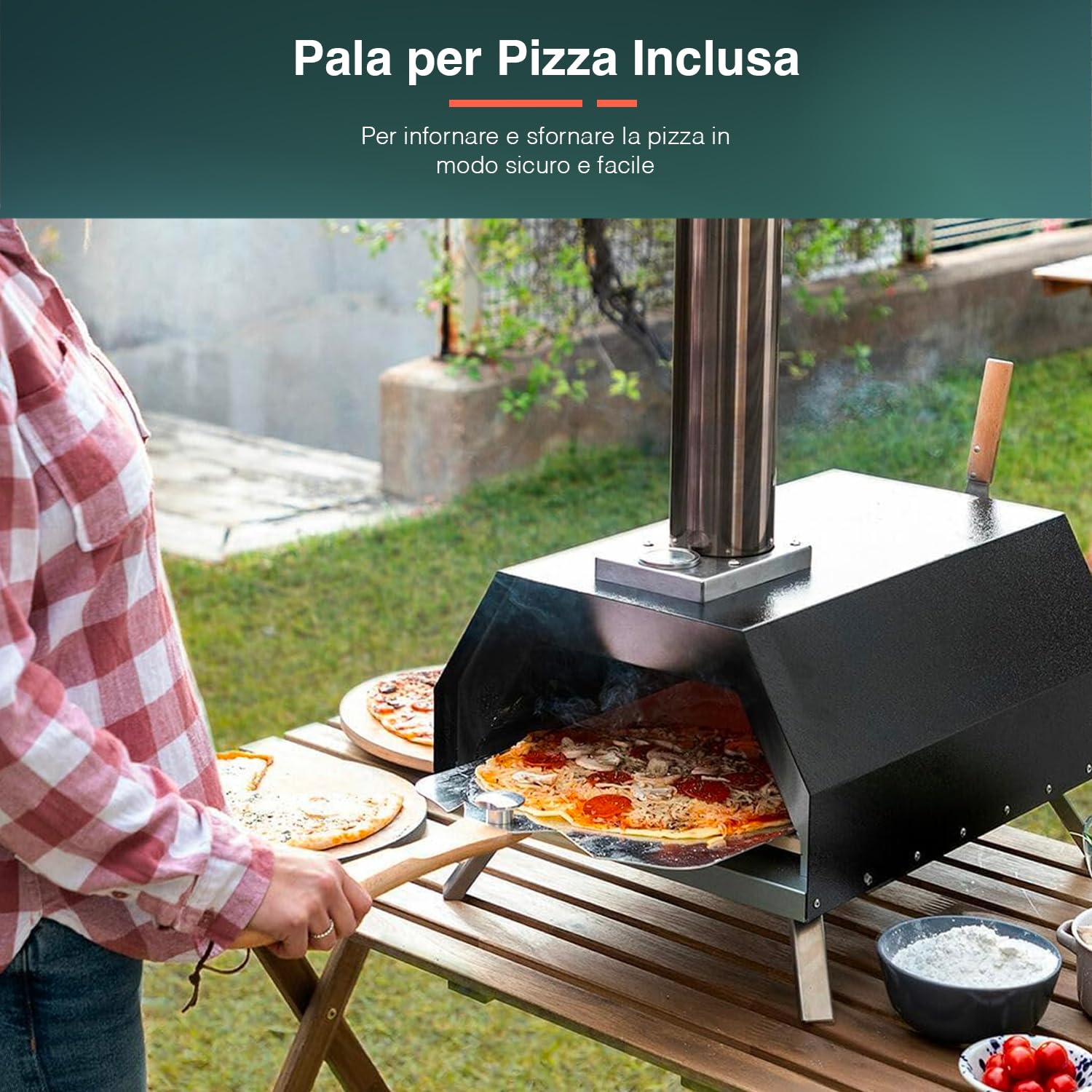 Avilia Forno a Pellet per Pizza - Forno per Esterni con Canna Fumaria, Termometro, Pietra Ceramica, Pala e Gambe Pieghevoli, Ideale per Giardini e Terrazze, in Pietra e Acciaio, 42x81x80cm