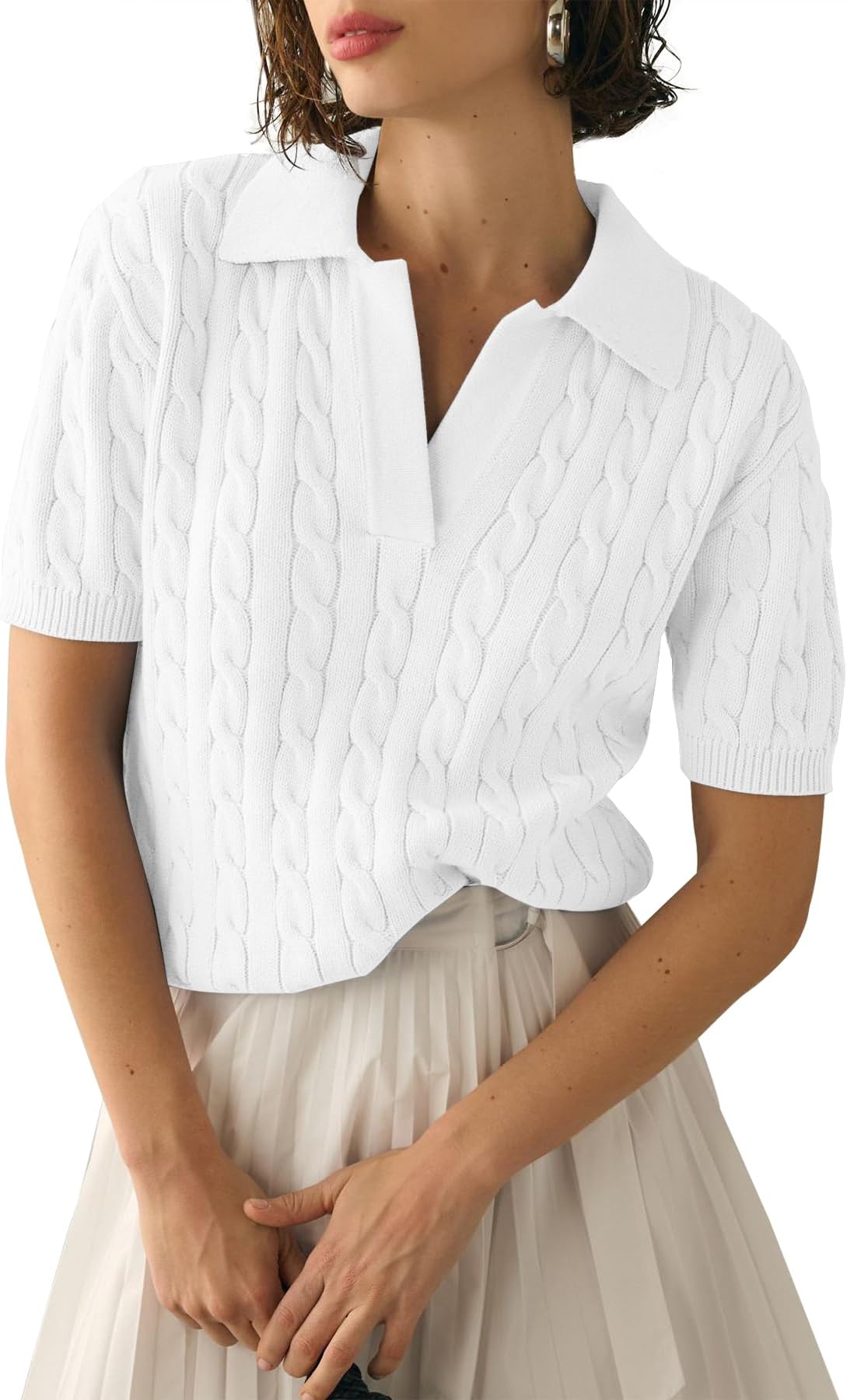 Women's Cable Short Sleeve Sweaters Tops Solid Lapel V Neck Knit Casual Soft Pullover Shirt