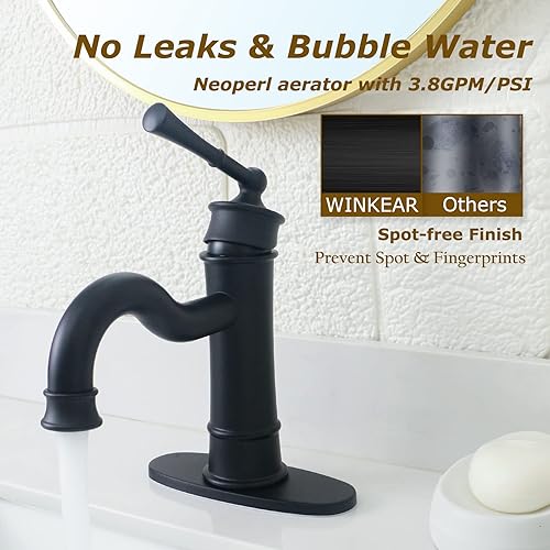 Miniatura 3 de Grifo romano para lavabo de baño, negro mate, de un solo agujero, montaje en cubierta, montaje en cubierta, con placa de desbordamiento y líneas de