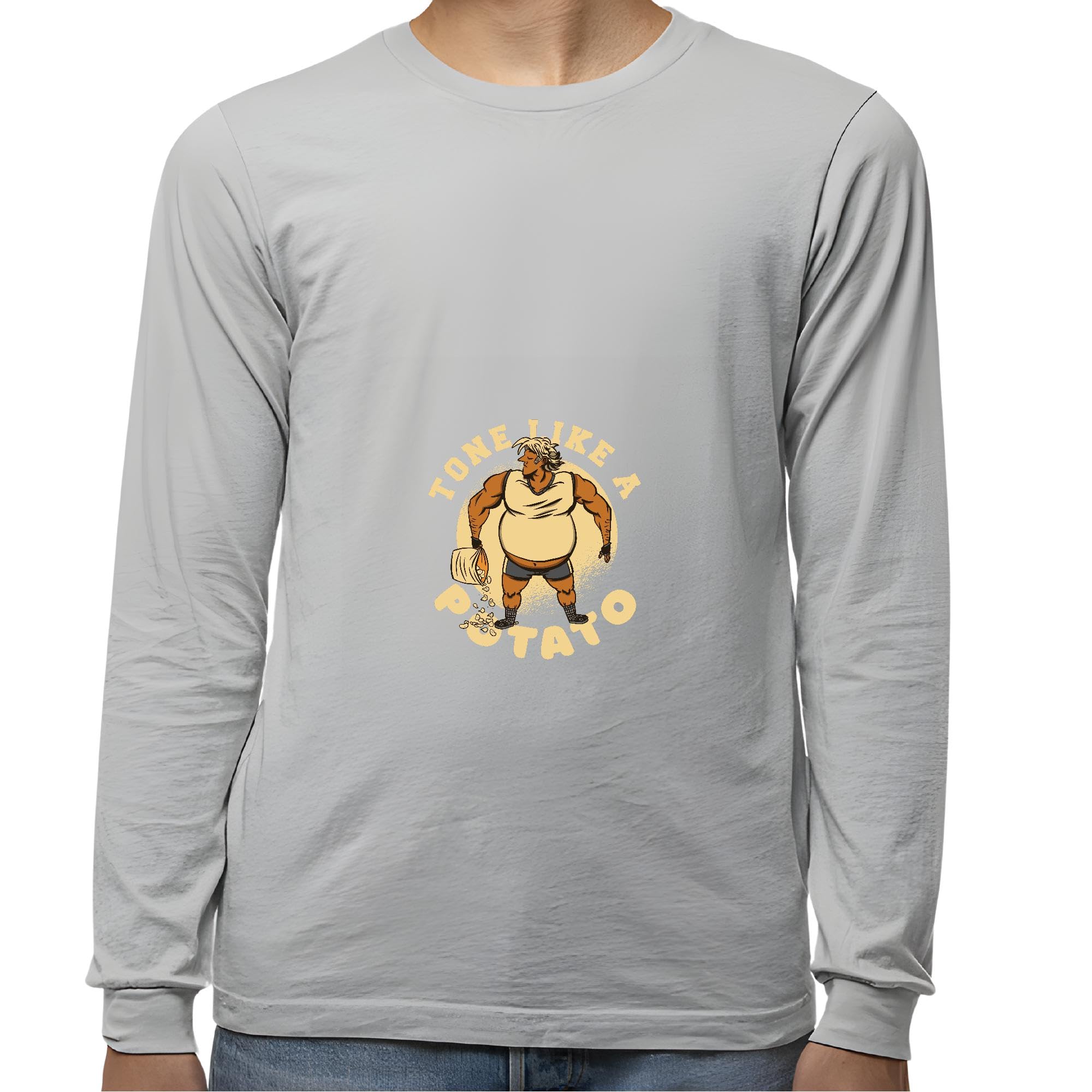 Gift for Bodybuilder Man with Fat Belly Tone Like a Potato Quote Present for Fitness Enthusiasts Grey and Muticolor Unisex Long Sleeve T Shirt