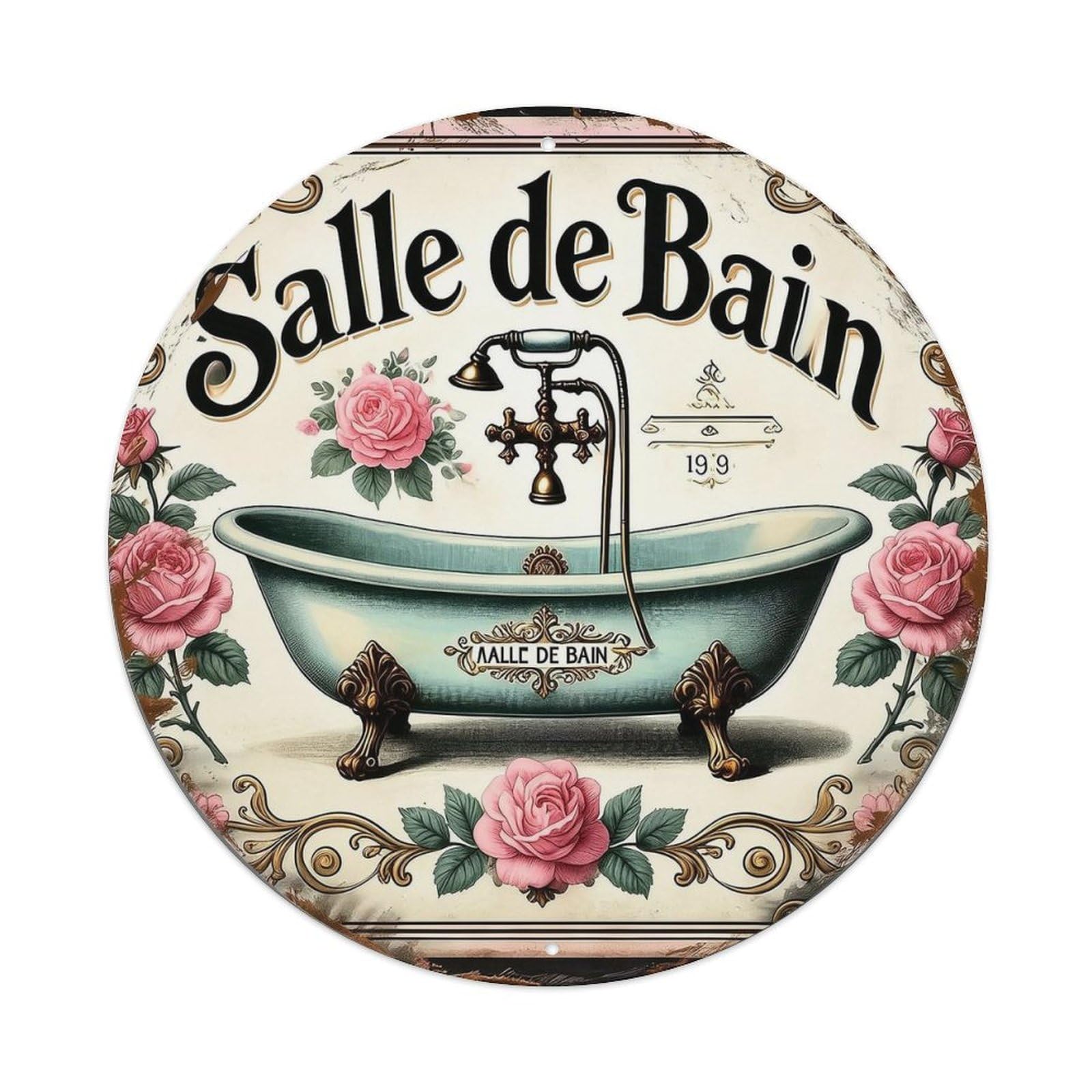 Vintage Bathtub Roses Ornate Round Tin Sign Vintage Metal Sign Home Bar Garden Indoor & Outdoor Wall Decor Retro Metal Poster 8x8 Inch