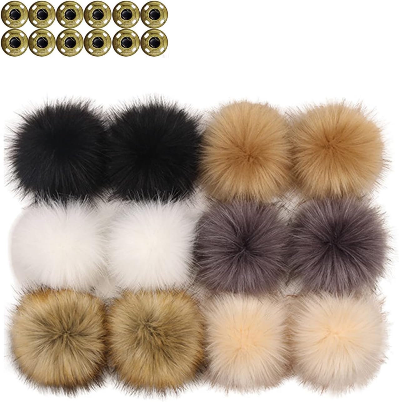 Pack of 12 fur pompoms with press stud 