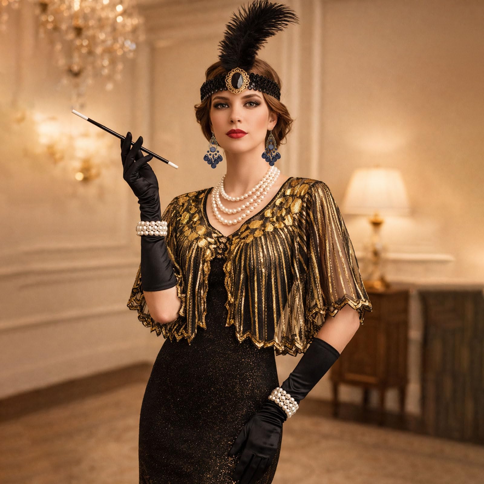 Zestaw akcesoriów Flapper Great Gatsby z lat 20., akcesoria Gatsby, dla kobiet, zestaw tematyczny z opaską na głowę, rękawiczki, naszyjnik, kolczyki, koronka, składany wachlarz, dla kobiet