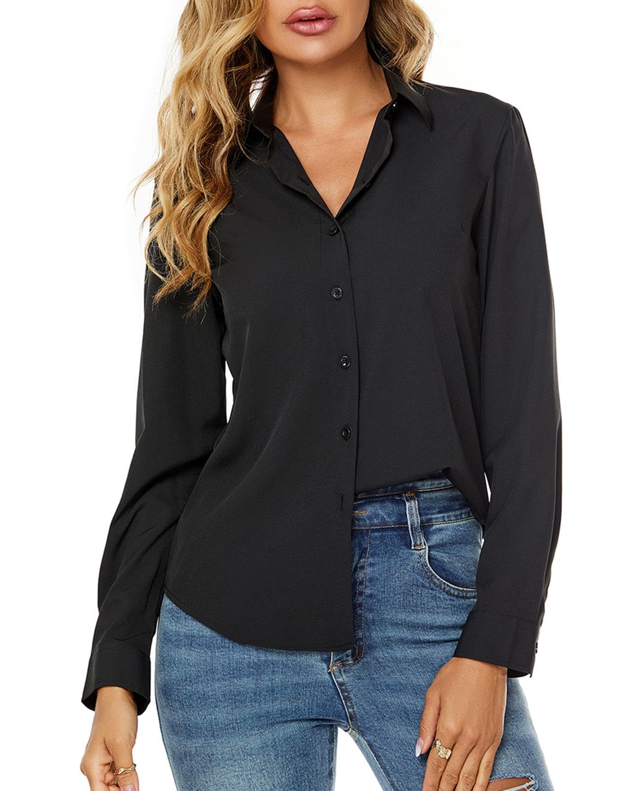 jonivey Womens Stretch Button Down Long Sleeve Shirt Soft Basic Wrinkle Free Work Business Formal Casual Blouse