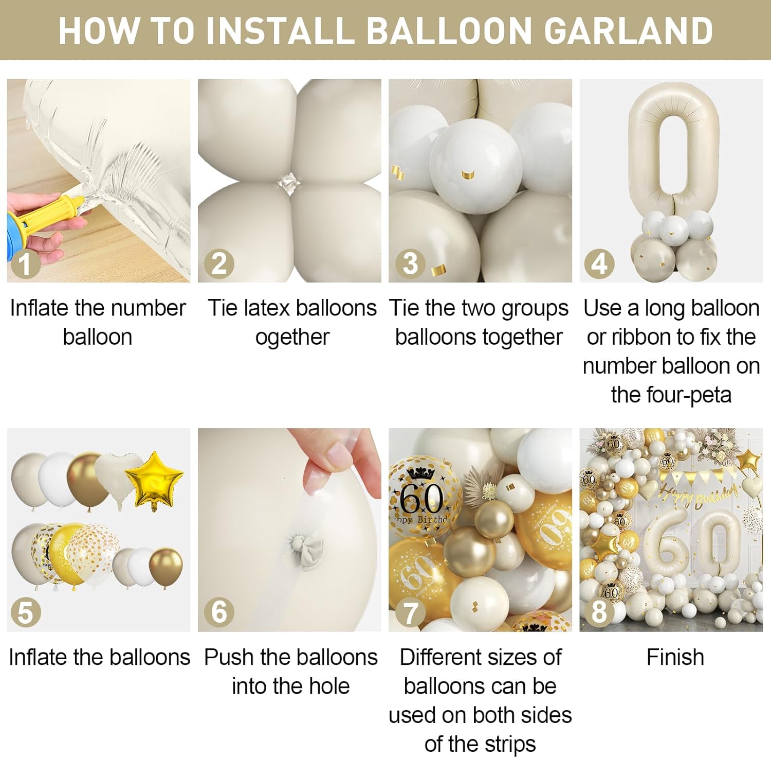 60th Birthday Decorations Sand White Gold,60th Balloon Arch Garland Kit With Number 60 Foil Balloons,Happy Birthday Banner for Women Men 60 Party Decoration - Image 6