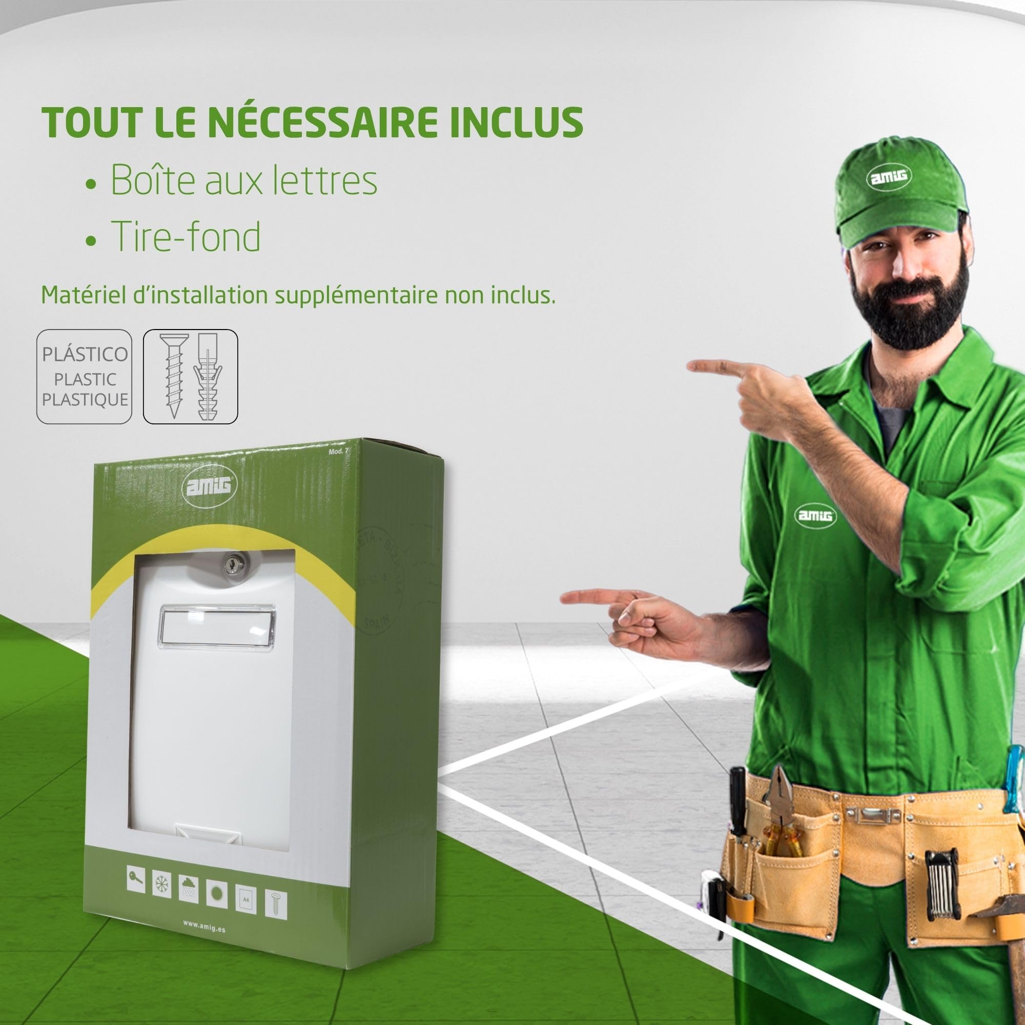 Amig - Boîte aux Lettres d'extérieur résistante en Plastique | Design acl Moderne | Porte verrouillable avec 2 clés | Idéale pour Maisons unifamiliales, 34,5 x 20,5 x 10,5 cm, Blanc, Plastique