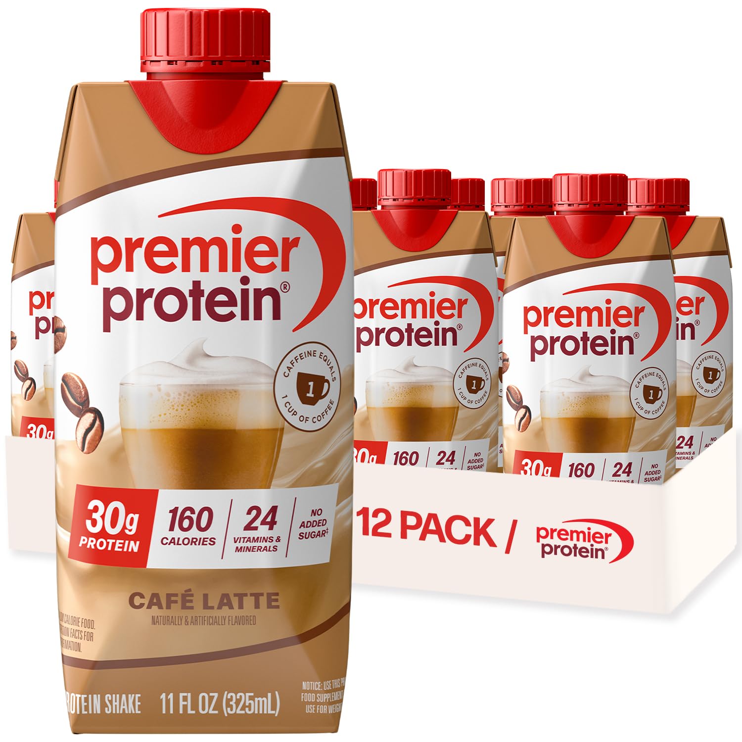 Premier Protein +Energy 30g High Protein Shake, Café Latte, 12 Pack | Caffeinated, 160 Ca…