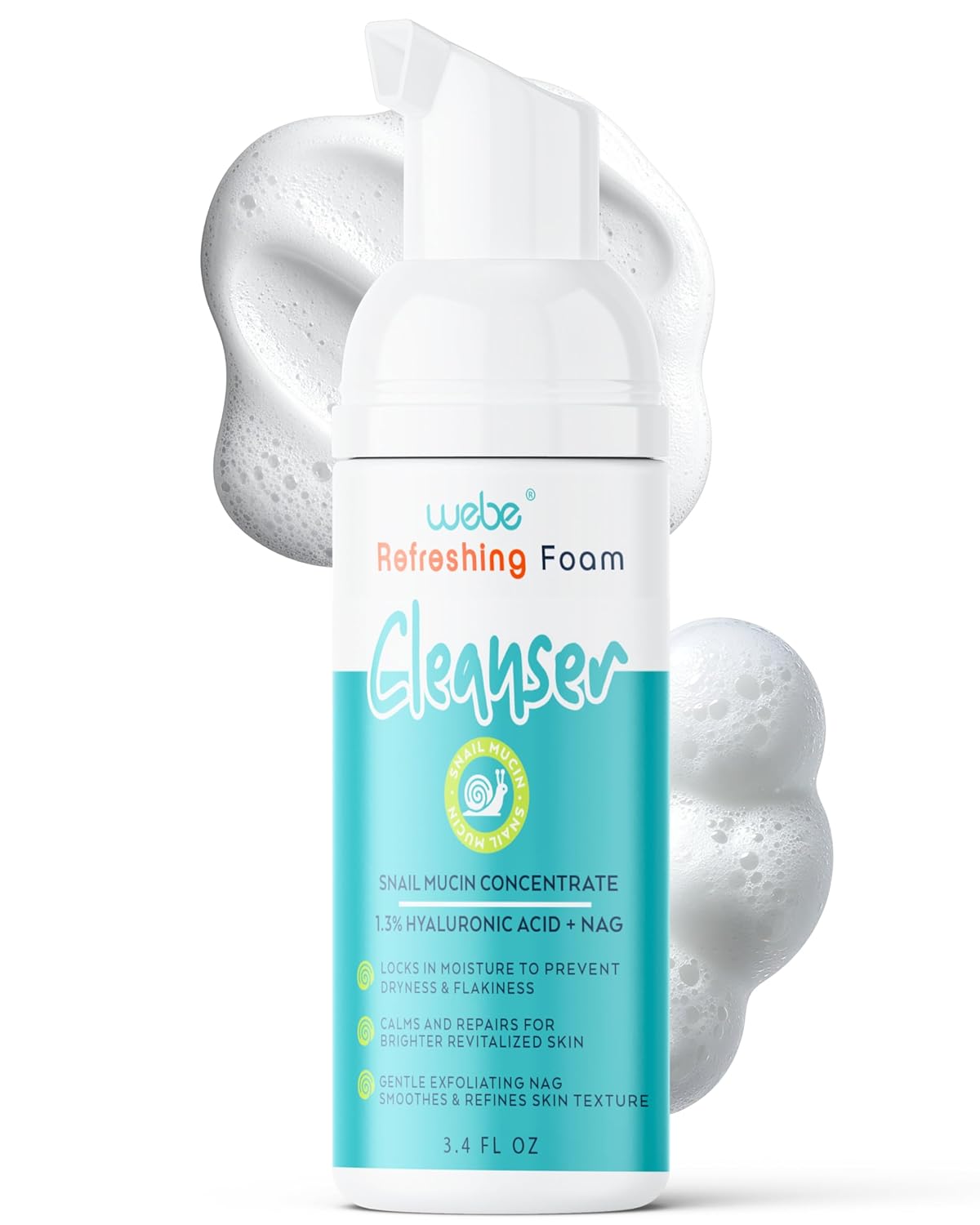 WEBE Refreshing Gentle Foam Cleanser | Snail Mucin, Hyaluronic Acid, N-Acetyl Glucosamine | Hydrating & Soothing Formula for Radiant, Moisturized Skin | Natural Skincare for all Skin Types