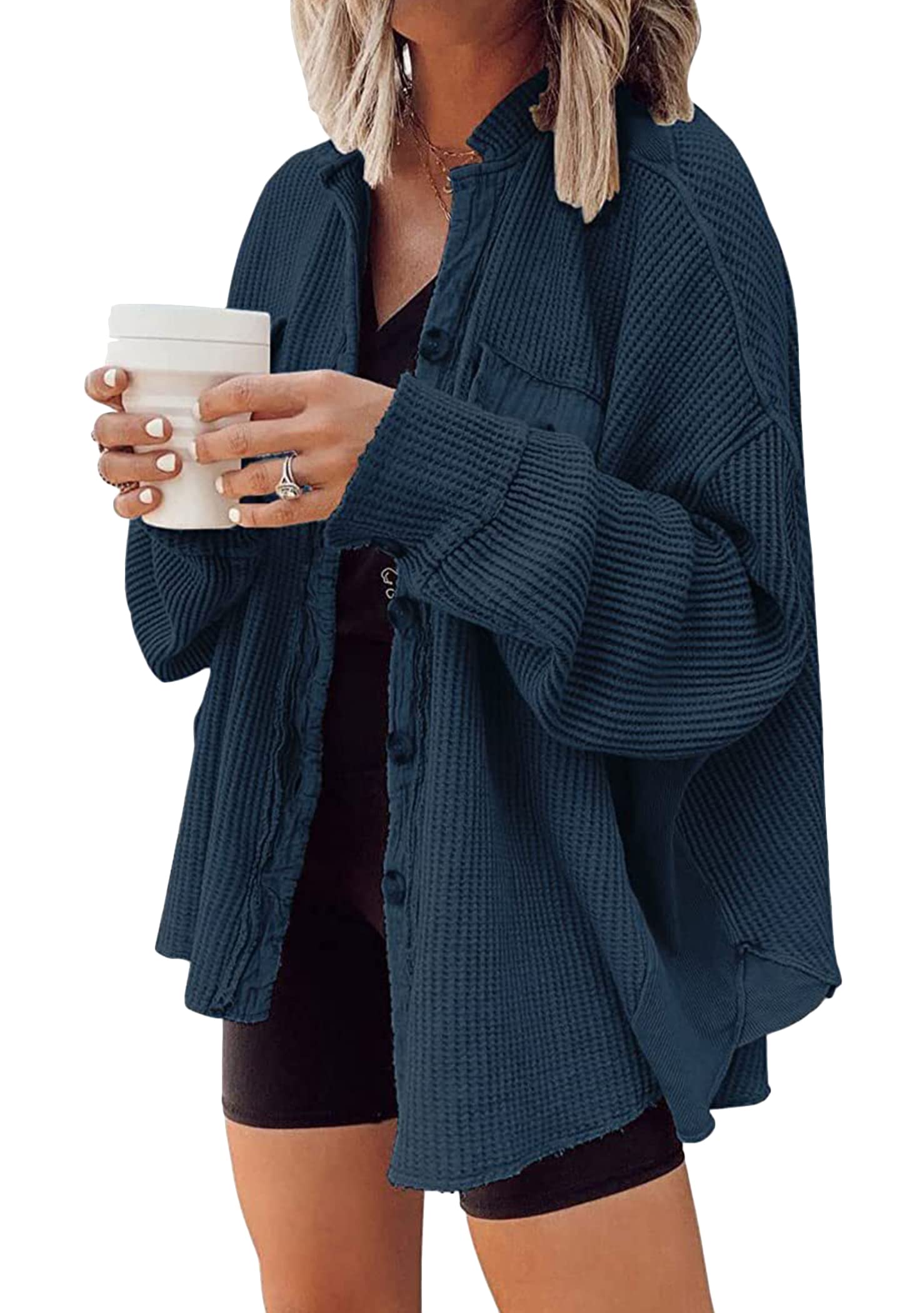 OMZIN Blusas De Pana con Botones para Mujer Camisas Sólidas De Gran Tamaño Cómodas Chaquetas De Manga Larga con Bolsillo