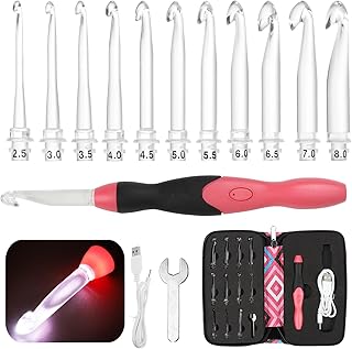 15Pcs Lighted Crochet Hooks Set, 11 Size Interchangeable Heads, Rechargeable Light-Up Crochet Hooks with Ergonomic Grip Handle, Complete Crochet Kit with Case for Yarn Weaving Knitting Crafts