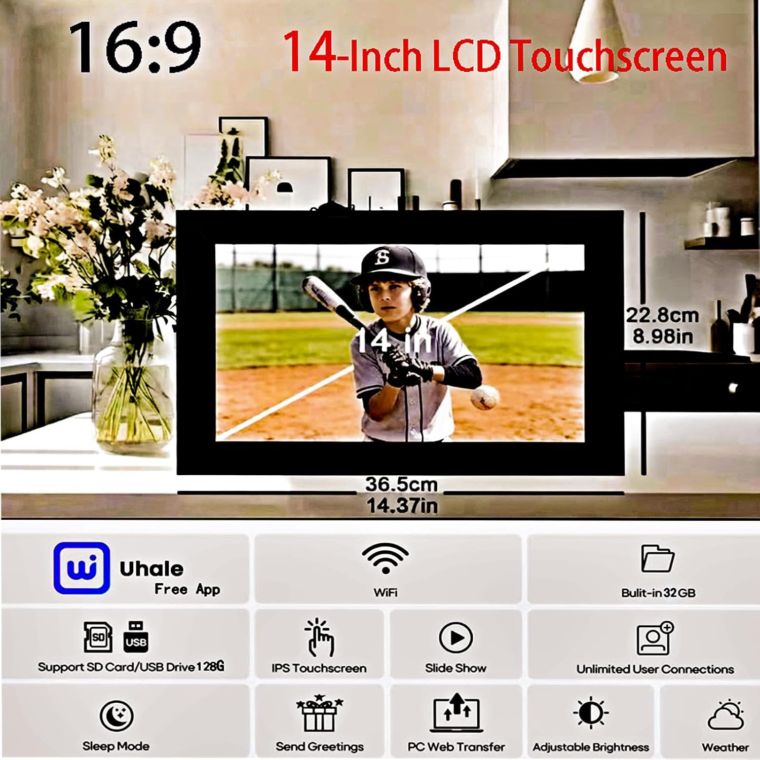 32GB Uhale 14" Digital Picture Frame, Large WiFi Digital Photo Frames, Supports USB/SD Expansion to anadditional 128GBEasy Setup to Share Photos/Videos via Free App Gifts for Women/Gifts for Men