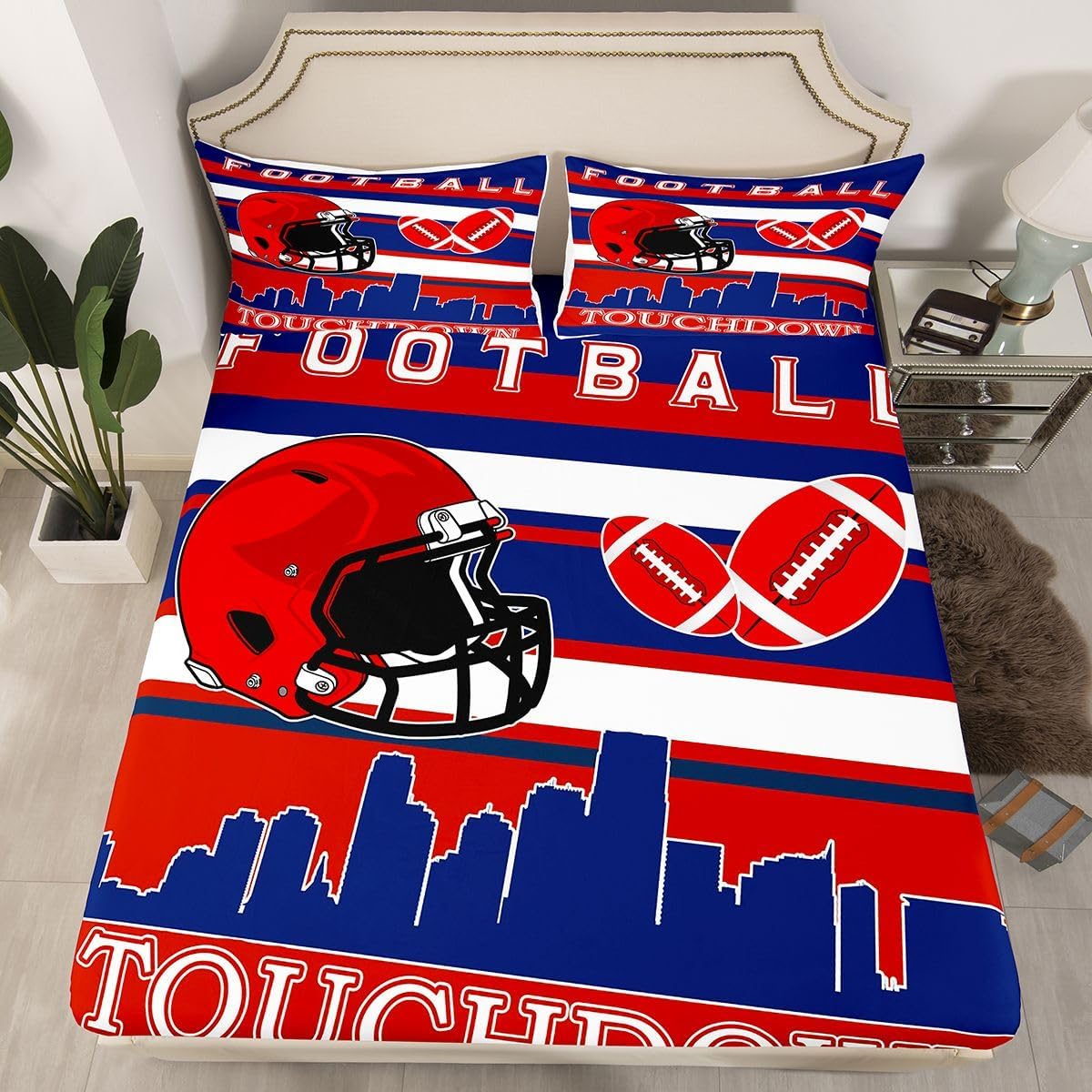American Sport Football Full Size Fitted Sheet No Top Sheet,Blue Red Rugby Game 3 Pieces Kids Teenager Room Decor Football Pocket 2 Pillowcases