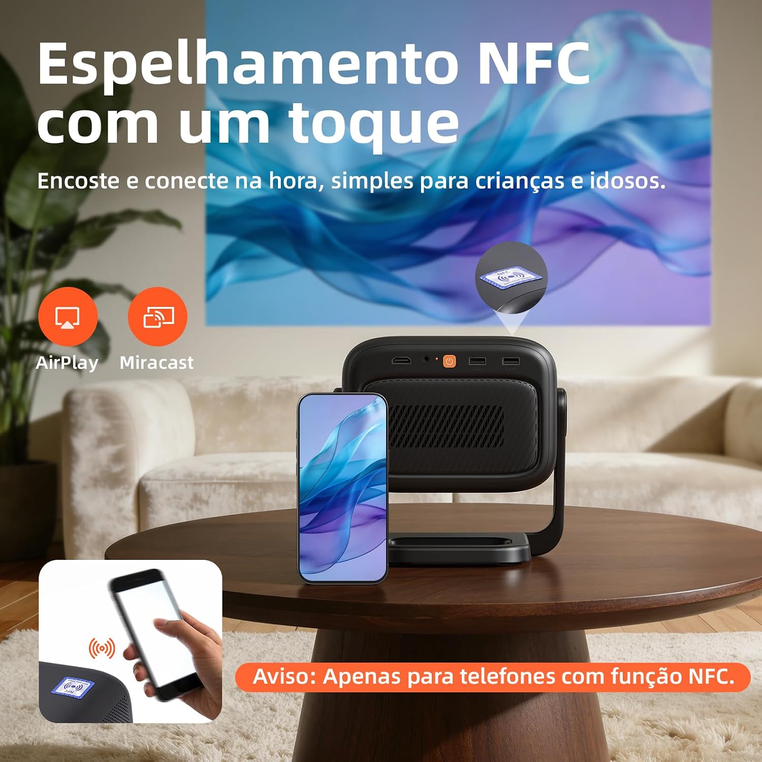 Bettdow AC1095 Projector demonstrating NFC screen mirroring with a smartphone