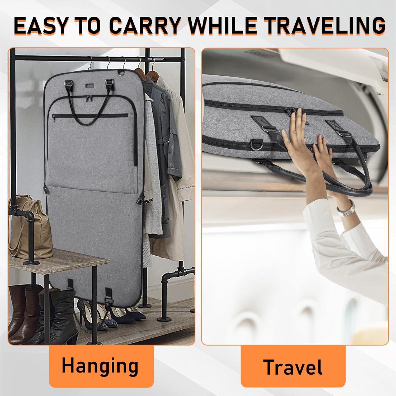 GMAK Travel Garment Bag, Heavy Duty Travel Suit Bag with Zipper Pocket, 47'' Carry on Garment Duffel Bags for Suits, Dresses, Coats, Tuxedos, Travel Essential Storage Tote Bag, Grey - Image 5