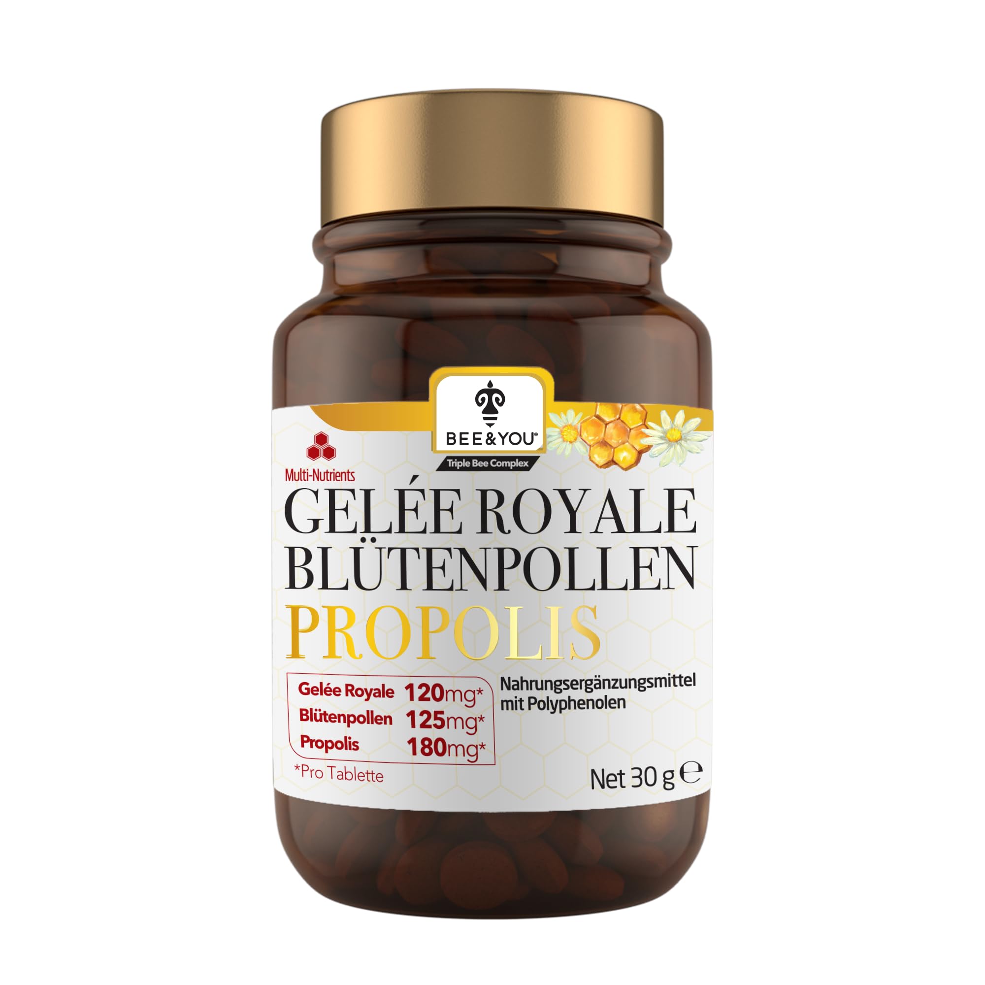Bee&You Propolis,Gelée Royale,Blütenpollen Tabletten 500mg (60 Tabletten,Keine Zusatzstoffe,Fairer Handel,100% natürlich,ohne Zusatzsstoffe,hochdosiert, Schutzharz der Bienen,Kapseln,lange haltbar)