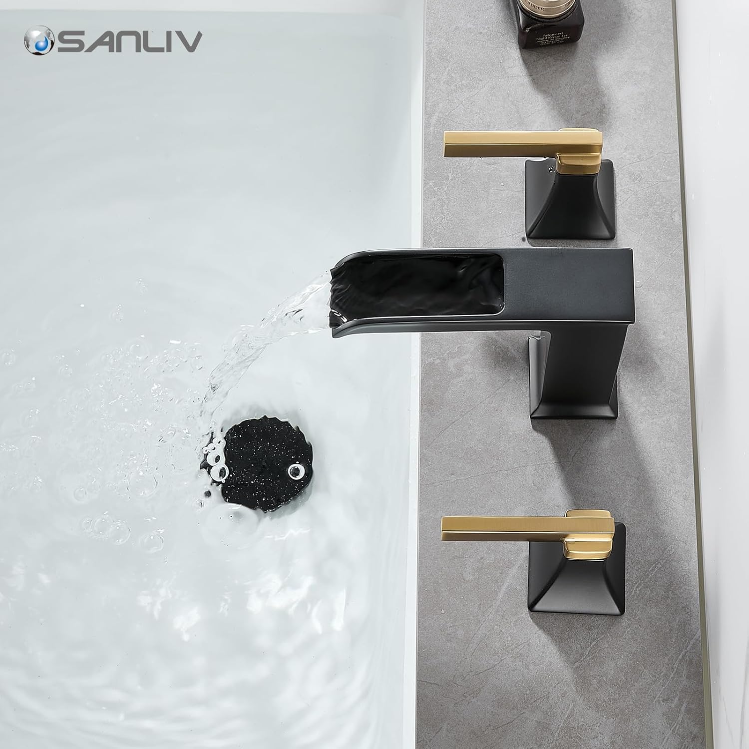 Black and Gold Bathroom Faucet 3 Hole, Sanliv Waterfall Bathroom Faucet, 8 Inch Widespread Bathroom Sink Faucet, Modern Two Handle Vanity Faucets with Pop Up Drain Black and Gold