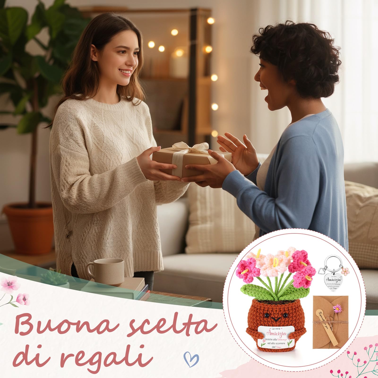 Skylety 3 Regali per Amica Sorella Maestra Piante in Vaso Lavorate a Maglia Portachiavi Biglietti di Auguri con Fiori Secchi Regalo di Ringraziamento per Natale Compleanno