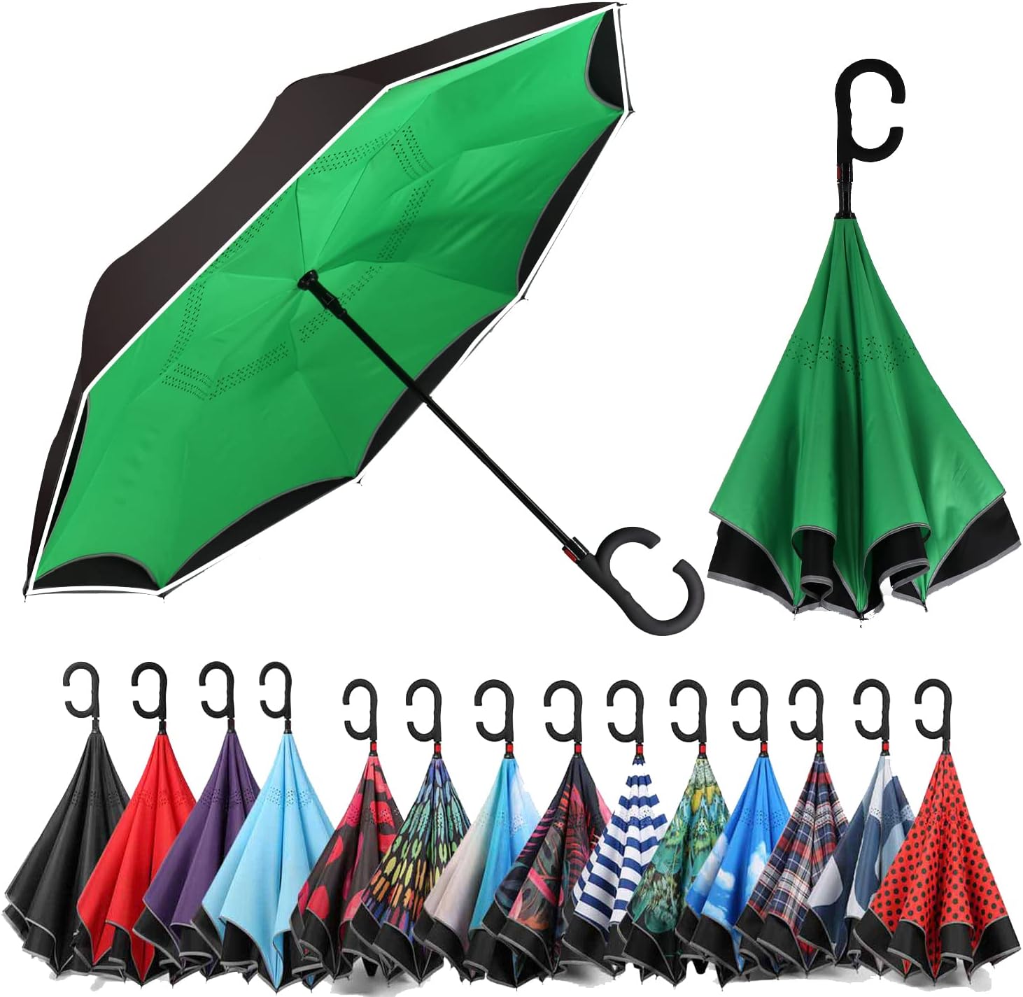 SIEPASA Auto Open Reverse Umbrella, Umbrella Windproof, Inverted Umbrella, Umbrellas for Women with UV Protection, Upside Down Umbrella with Safe Reflective Stripe (Green, Auto)