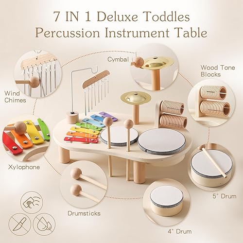 Miniatura 5 de EERKEOD Juego de batería para niños pequeños, instrumentos musicales 7 en 1, juguete musical Montessori, xilófono Montessori, instrumentos de