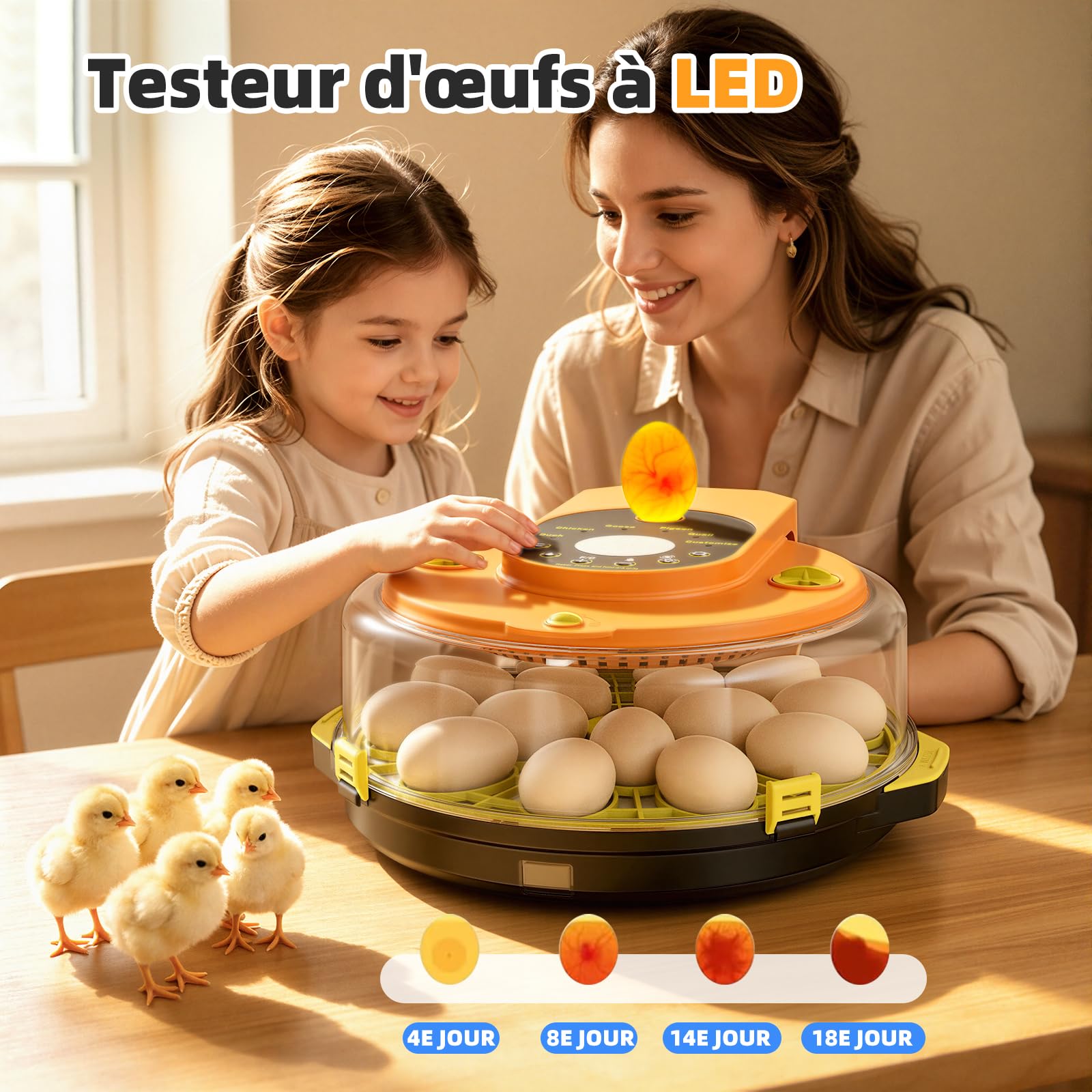 Couveuse Automatique 15 Œufs, Incubateur d’Œufs avec 5 Modes, Retournement Automatique, Contrôle Température et Humidité, Mire-Œufs Intégré pour Poule, Caille, Canard