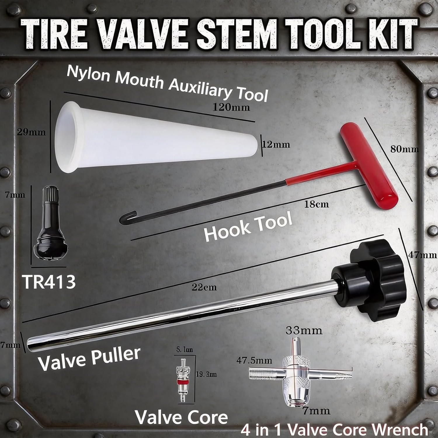Tire Valve Stem Removal Installation Tool Kit,Tire Valve Core Removal Replacement Tool Kit,TR413 Valves with Valve Core and Valve Core Disassemble Tool,for Cars Lawn Mowers ATVs Motorcycles