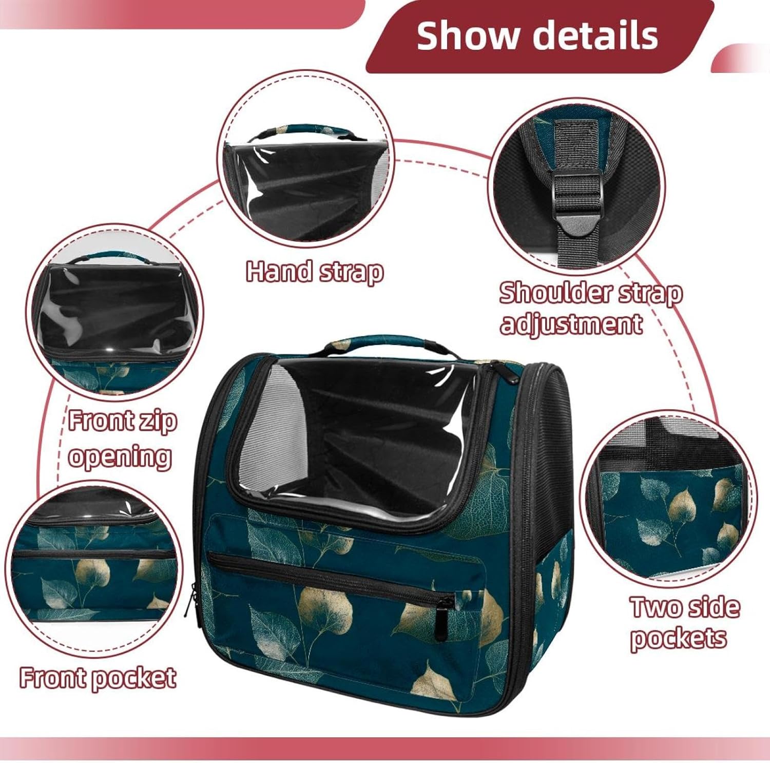 Cat Backpack Carrier for Small Dogs Medium Cat Puppy, Ventilated Pet Carrier Backpack with Adjustable Shoulder Strap, Gold Leaf on a Deep Teal Background