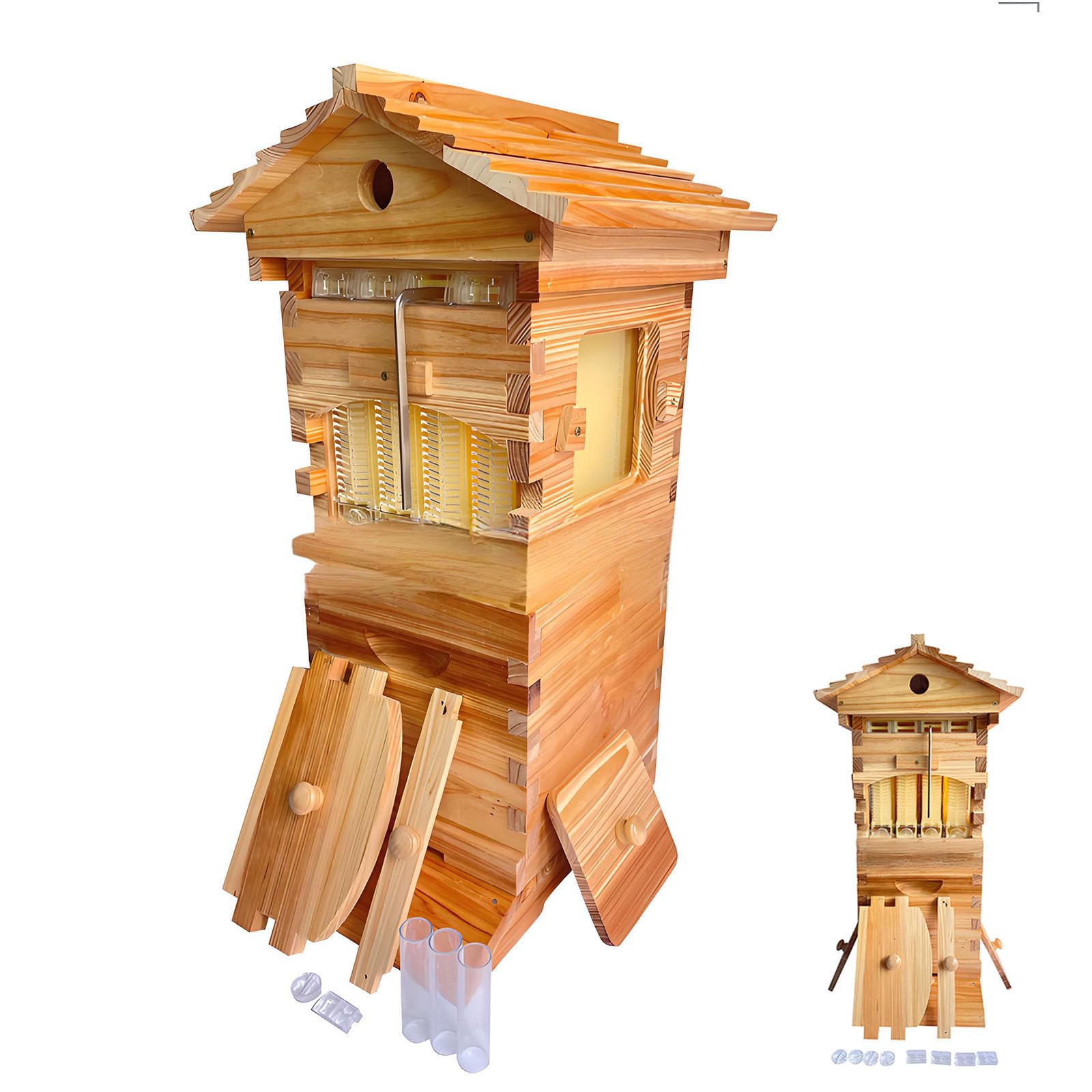 Ymnogjie Beehive Kit,with Observation Window and Honey Spout,Wooden Bee Box with Integrated Carpenter Bee House for Garden Pollinators,Honey Harvesting