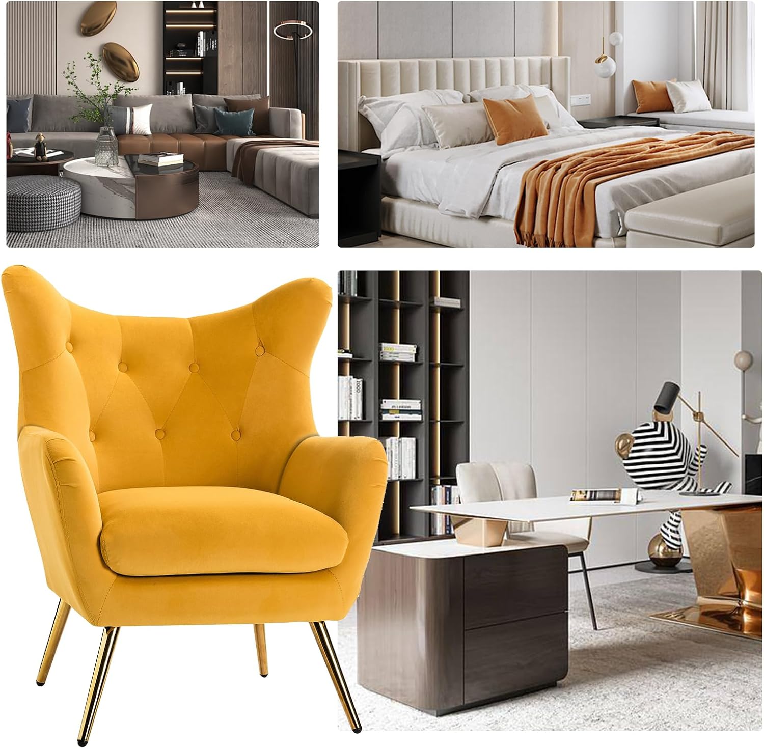HULALA HOME Velvet Accent Chair, Modern Wingback Arm Chair with Metal Gold Legs, Velvet Tufted Upholstered Single Sofa Chair for Living Room Bedroom (Mustard)