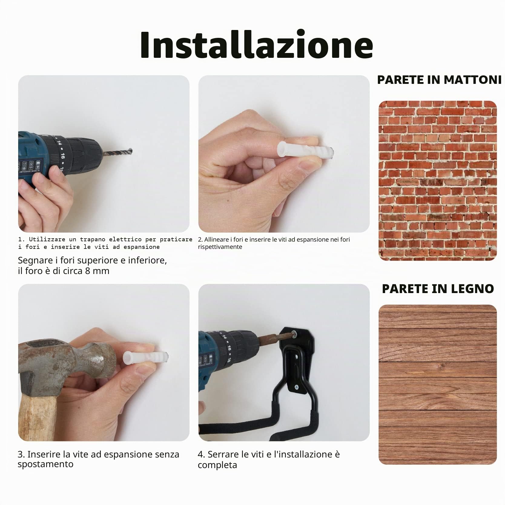 Gancio da parete per attrezzi da giardino 30 kg 4 pezzi