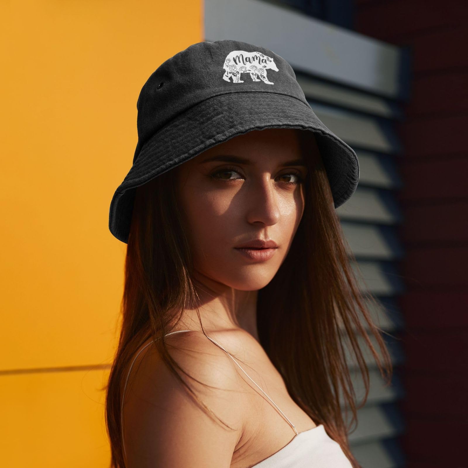 Floral Mama Bear Bucket Hat Cotton Sun Hat Summer Beach Hat Black