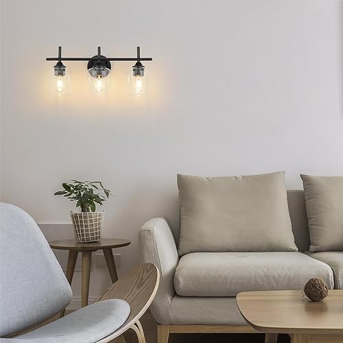 Miniatura 9 de Lámparas de tocador de baño, 3 luces negras sobre el espejo, iluminación moderna de tocador con pantalla de vidrio transparente, lámpara de pared