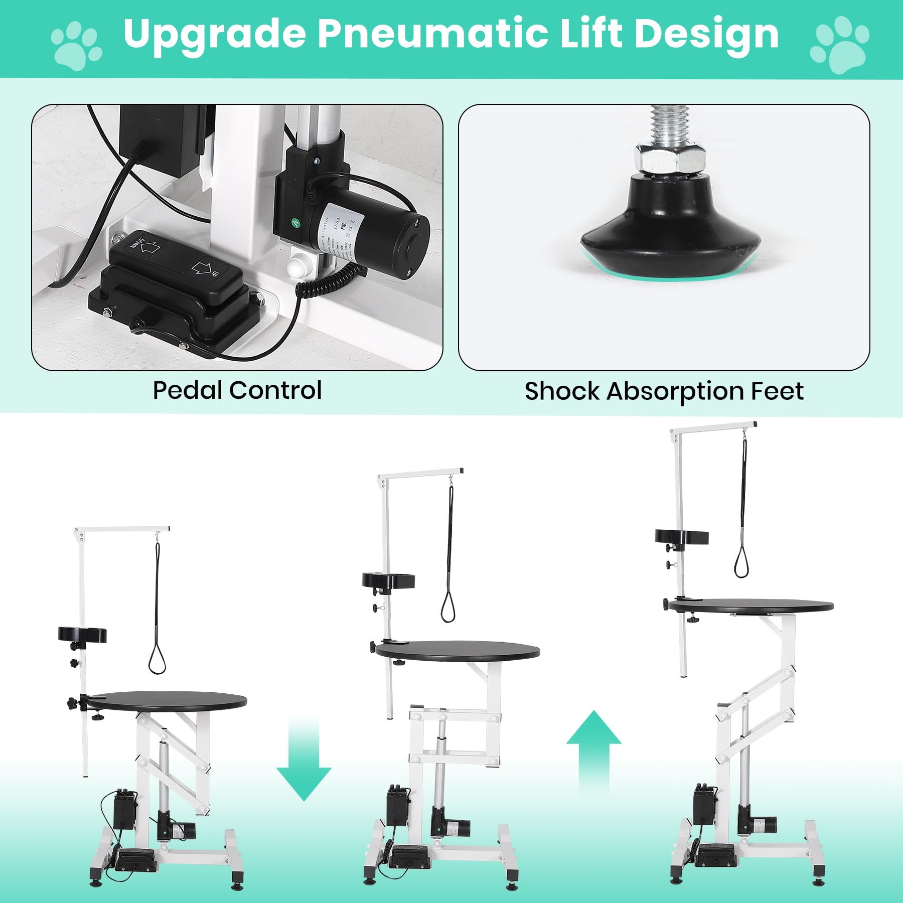 Tavolo elettrico per toelettatura cani da 61 cm, scrivania rotante per piccoli animali domestici, con braccio sopraelevato, telecomando a pedale, organizer per attrezzi, capacità 113,4 kg