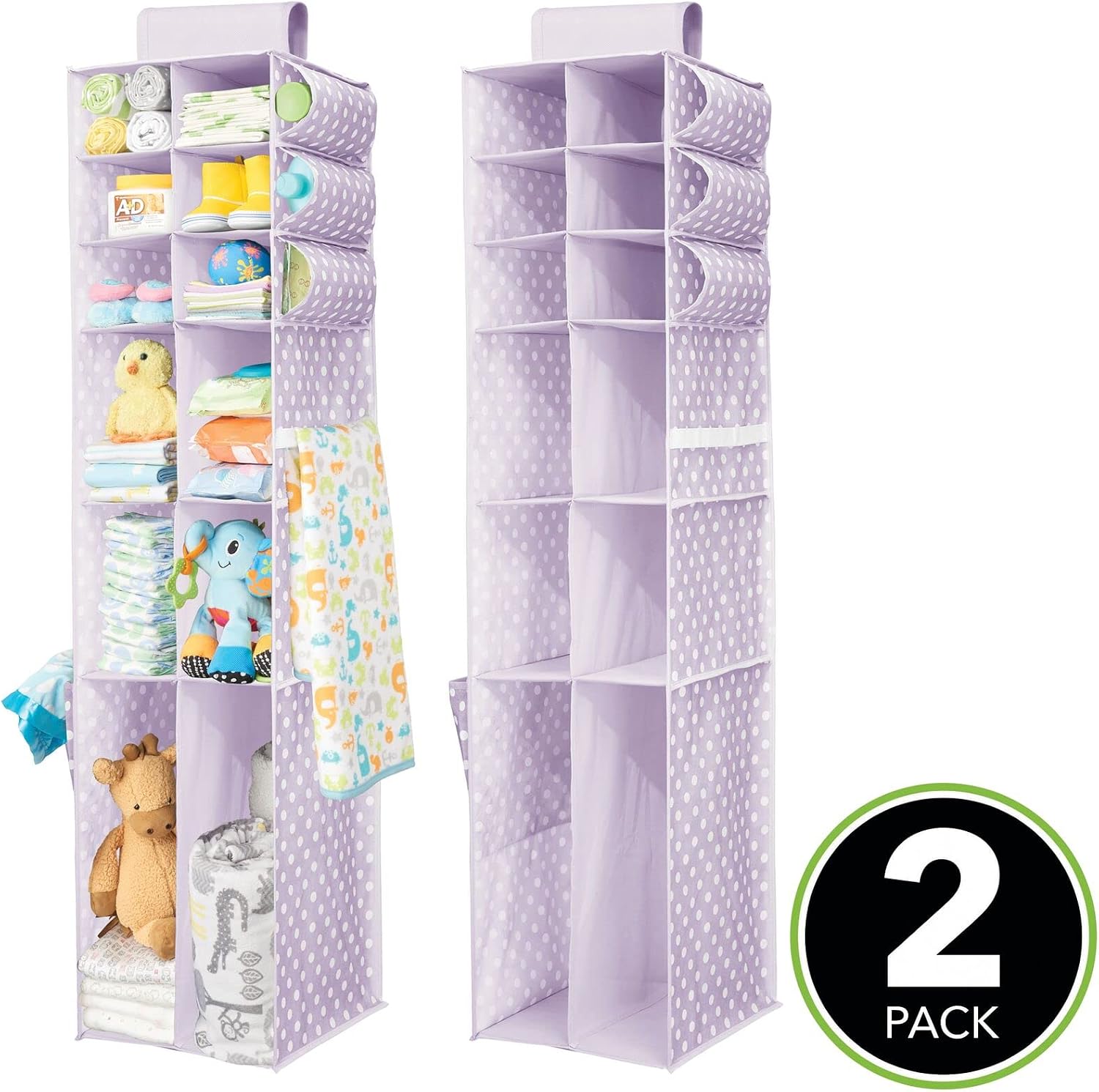mDesign Long Soft Fabric Over Closet Rod Hanging Storage Organizer with 12 Divided Shelves, Side Pockets for Child/Kids Room or Nursery, Store Diapers, Wipes, Lotions, Toys - 2 Pack - Purple/White