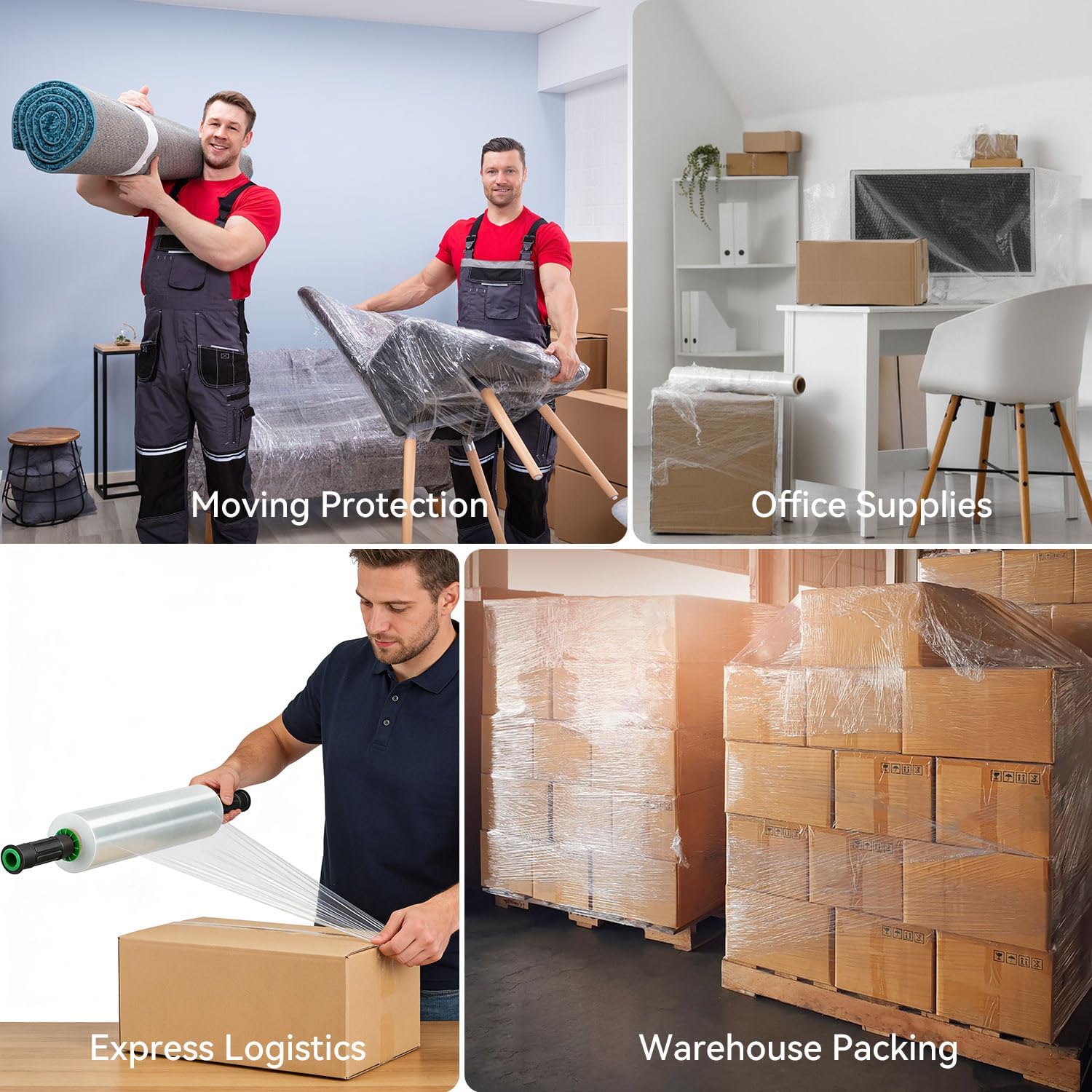 15" x 1200ft Moving & Packing Plastic Stretch Wrap Roll, 80 Gauge - 600% Stretch Self-Adhesive, Shrink Wrap for Furniture Protection, Shipping, Pallets & Storage with Handles-Clear 2 Rolls