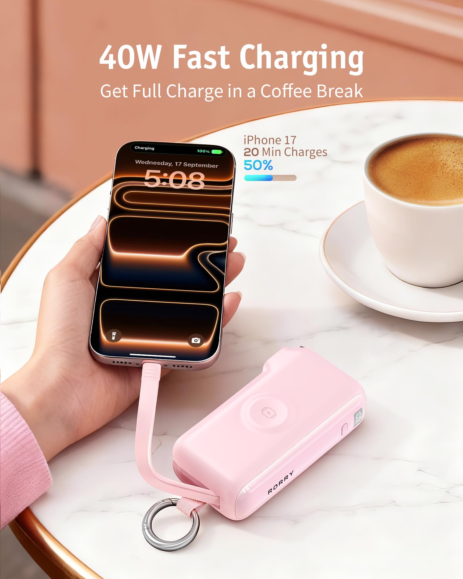RORRY Flow Portable Charger, 10000mAh 40W Fast Charging Power Bank with Built-in USB C Cable and Foldable Wall Plug, Battery Pack Travel Essentials for iPhone 17/16/15, Apple Watch, iPad, MacBook — view 4