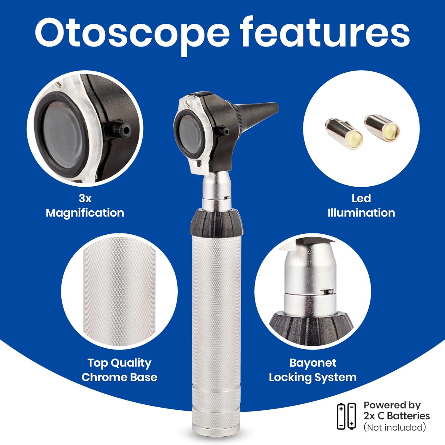 Close-up view of Otoscope features including 3x magnification, LED illumination, chrome base, and bayonet locking system