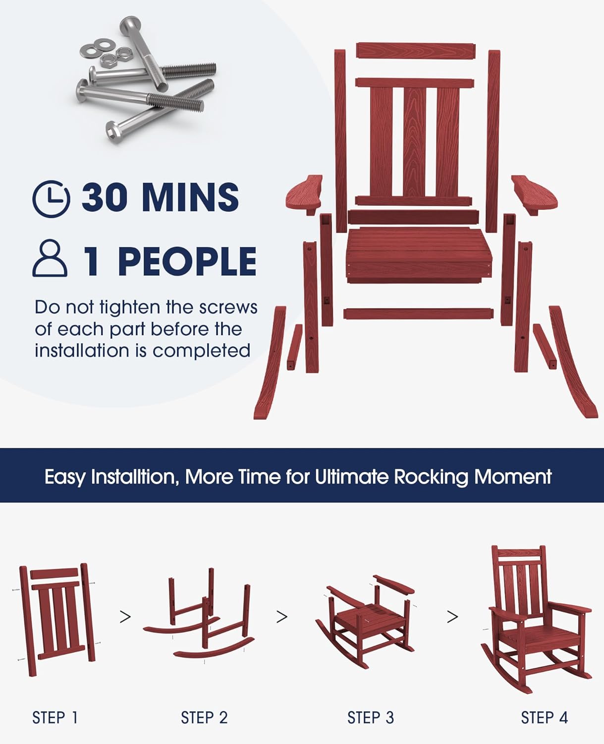 KINGYES Oversized Outdoor Rocking Chair Set of 2, All-Weather Patio Rocking Chairs for Porch, HDPE Outdoor Patio Rockers with High Back & Wide Seat for Garden, Lawn, Red