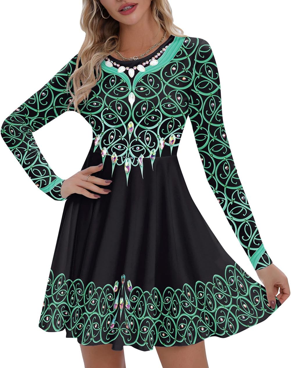 Women's St. Patrick's Day Long Sleeves Printed Irish Twirl Dance Dress
