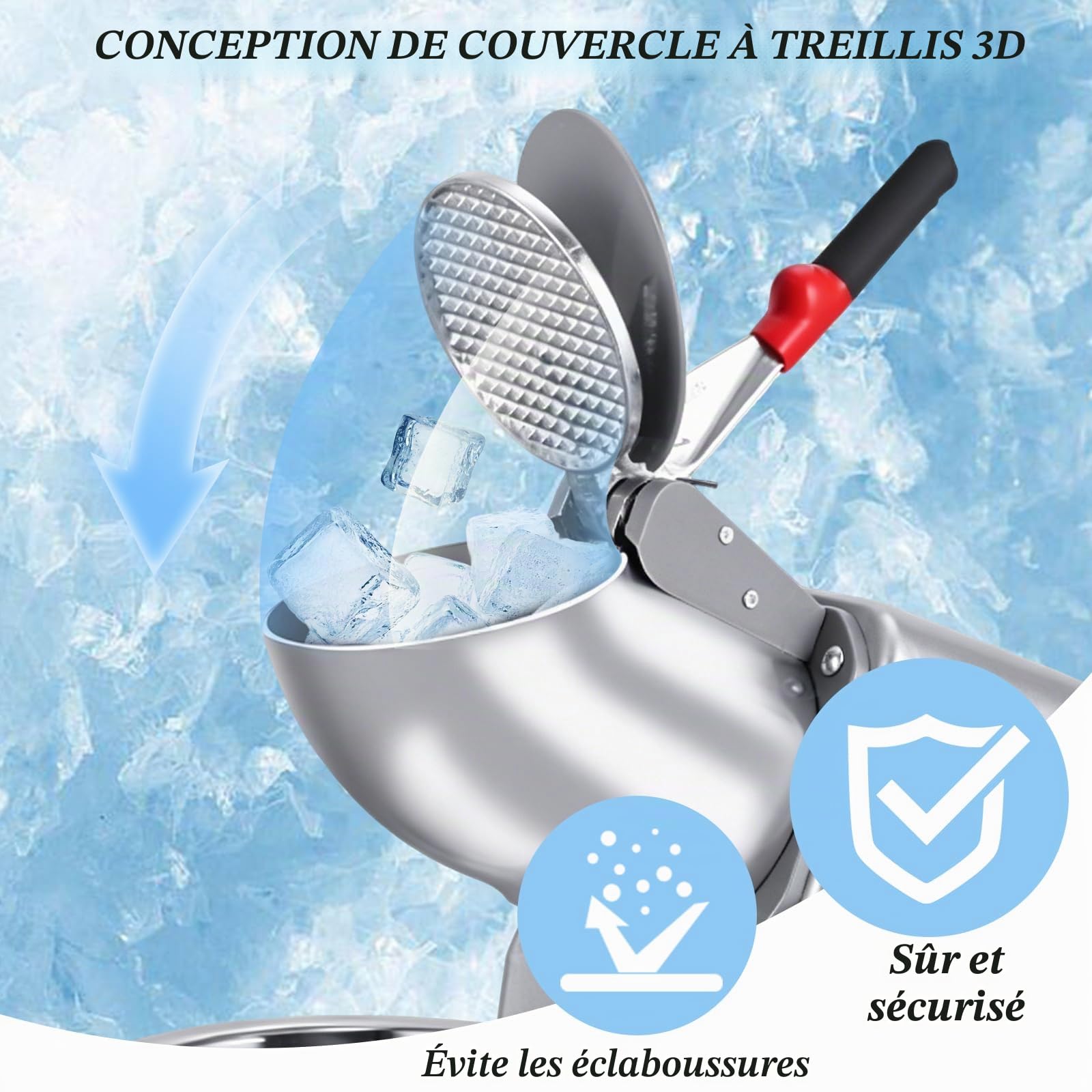 Broyeur à Glace Électrique, Machine à Glace Pilée en Acier Inoxydable avec 2 Lames Capacité de 65 kg/h, pour smoothies, Boissons Froides, Thé au Lait