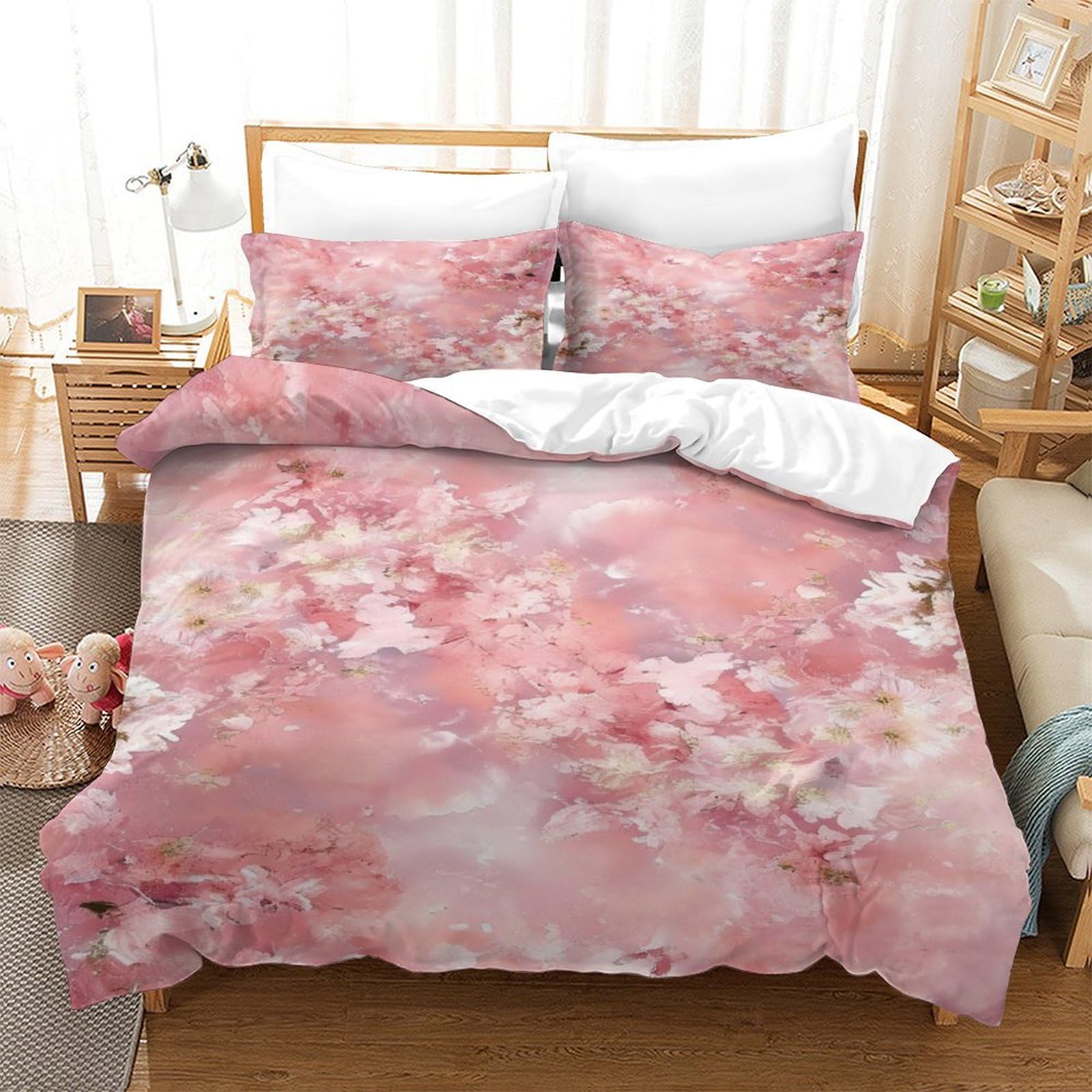P1S9U7W5Y Romantic Sakura 3D Printed Duvet Cover Set 3pcs Microfiber Blossom Bedding Set Double（200x200cm）